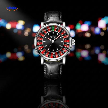 Roulette dial watch in silver with a brown leather strap