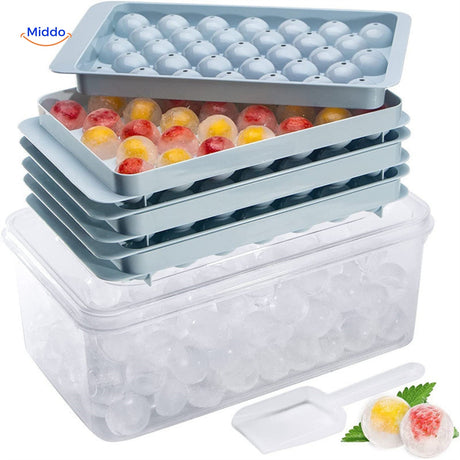 FrostSphere round ice mold with 33 sphere-shaped ice cube cavities arranged in grid formation.