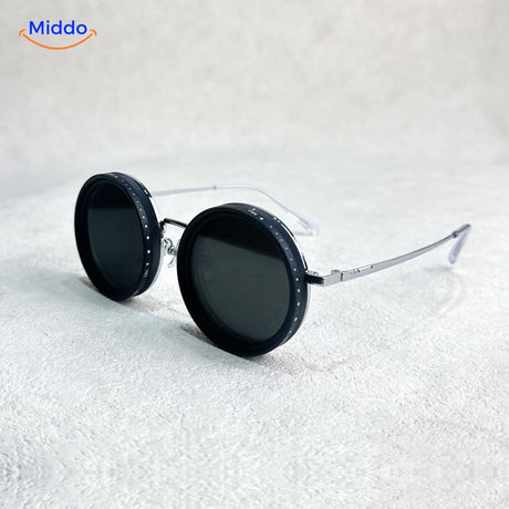Classic round black frame sunglasses with UV protection lenses.