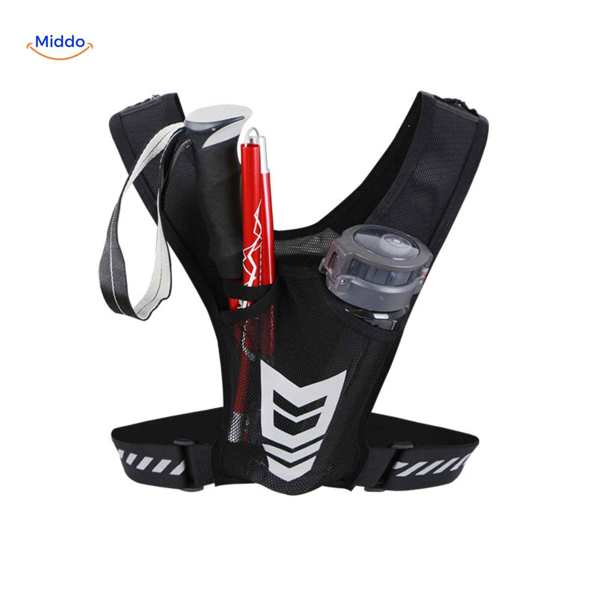 Reflective running vest with integrated bottle holder and multiple multifunctional storage compartments.