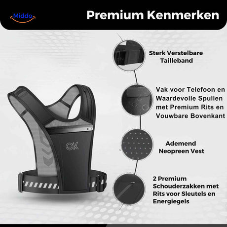 Premium running vest features breathable neoprene material with multiple reflective zip pocket compartments.