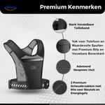 Premium running vest features breathable neoprene material with multiple reflective zip pocket compartments.