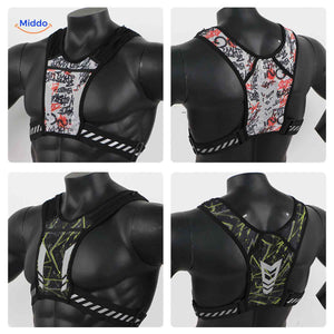 Running vest with graffiti-style design and reflective stripe pattern on front and back.