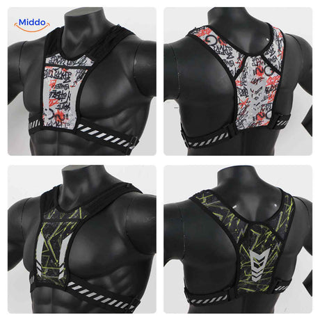 Running vest with graffiti-style design and reflective stripe pattern on front and back.