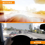 Before and after comparison showing SafeDrive visor glare reduction during daytime driving.