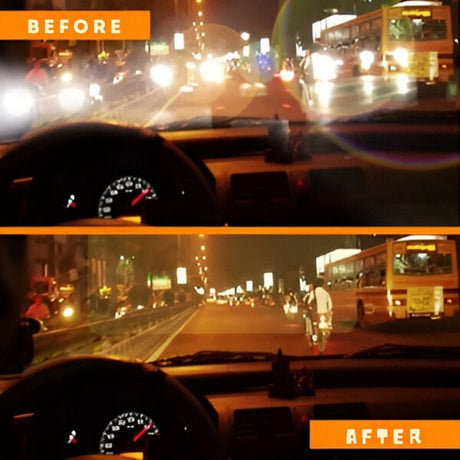 Before and after comparison showing SafeDrive visor night vision protection and glare reduction.