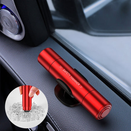 Red Safekey emergency escape tool featuring dual window breaker and seatbelt cutting functionality.