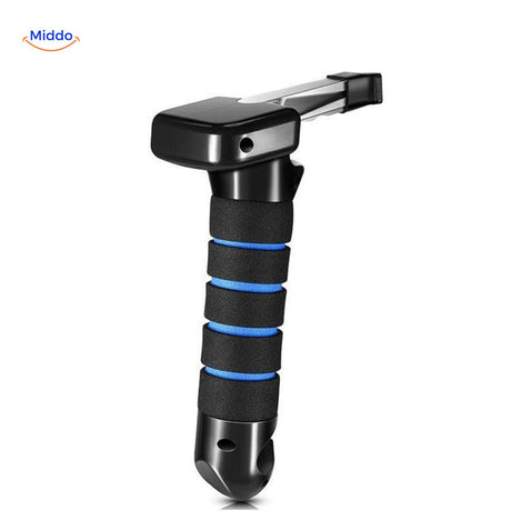 Black and blue safety hammer for emergency car escape.