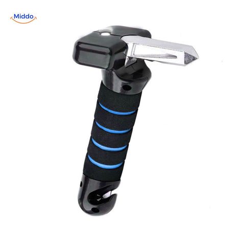 Black and red emergency safety hammer for car exits.