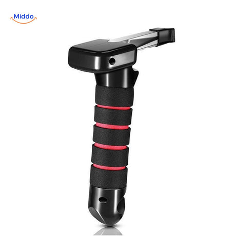 Black and red safety hammer for emergency window breaking.