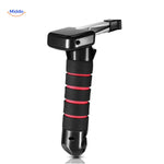 Black and red safety hammer for emergency window breaking.