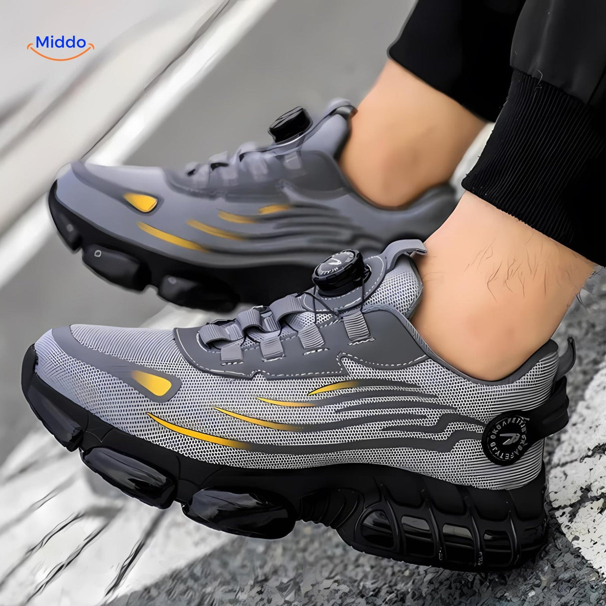 Steel toe safety shoes combining advanced protection features and comfort technology.