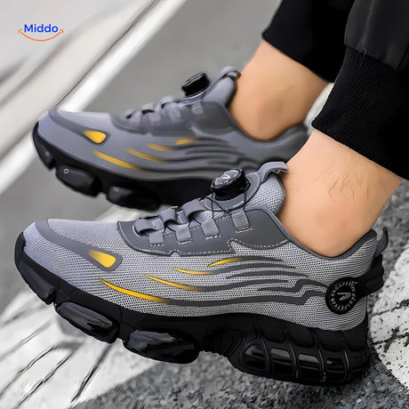 Steel toe safety shoes combining advanced protection features and comfort technology.