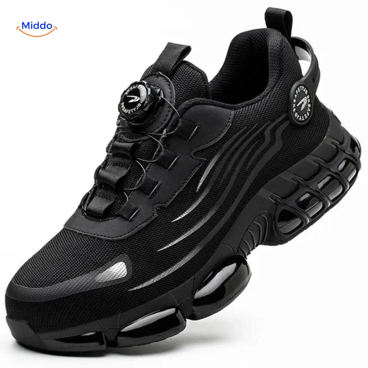 Black steel toe safety shoes with lace-free dial adjustment for workplace safety.