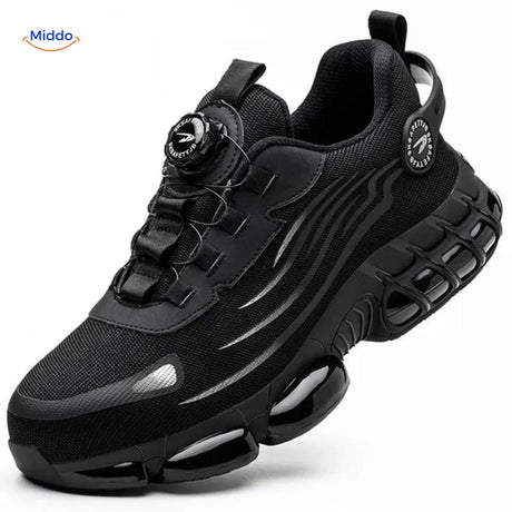 Black steel toe safety shoes with lace-free dial adjustment for workplace safety.
