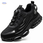 Black steel toe safety shoes with lace-free dial adjustment for workplace safety.
