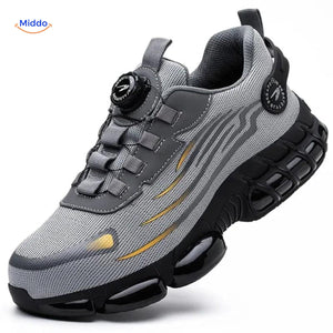 Grey steel toe safety shoes with dial fit system for secure workplace protection.