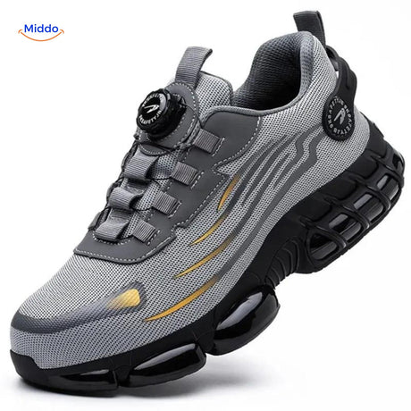 Grey steel toe safety shoes with dial fit system for secure workplace protection.