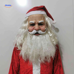 Aged Santa-style latex mask with white beard and holiday costume appeal.