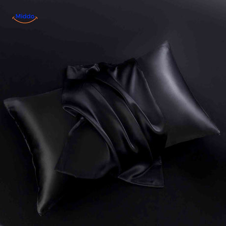 Black satin pillowcase displayed flat perfect for hair care.