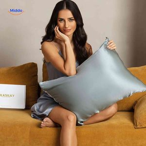 Grayish blue satin pillowcase for hair protection comfort.