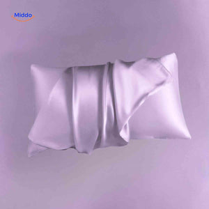 Lilac satin pillowcase displayed flat beautiful purple shade.