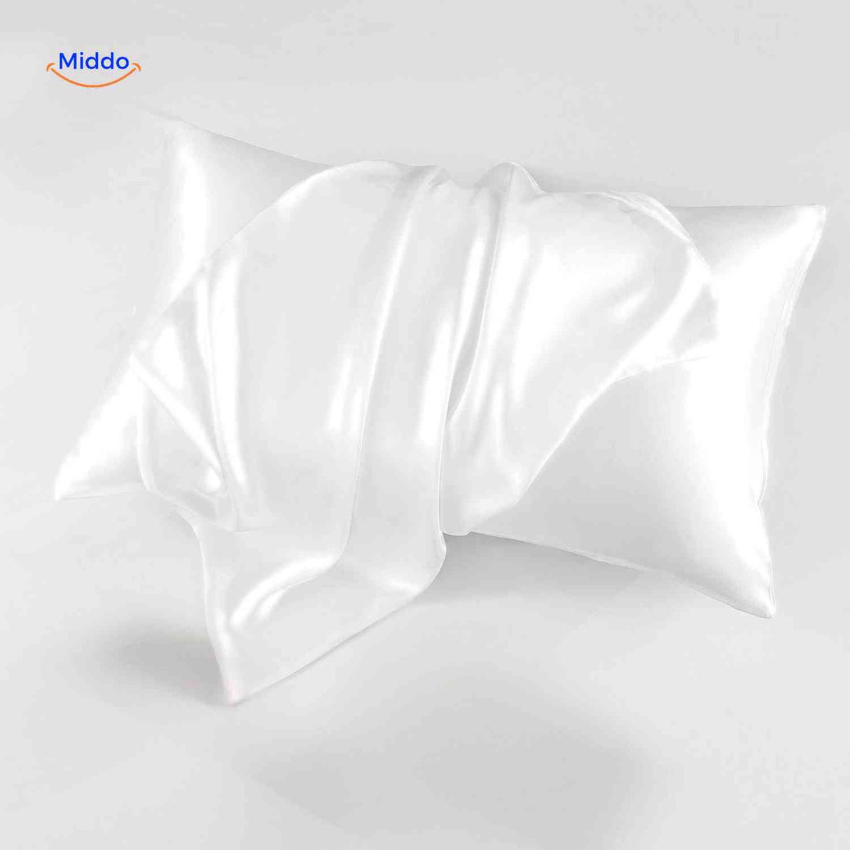 White satin pillowcase displayed flat showcasing smooth fabric texture.