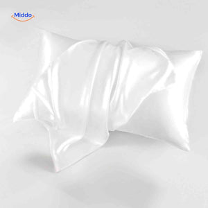 White satin pillowcase displayed flat showcasing smooth fabric texture.