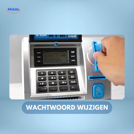 Red savings machine ATM with dial combination knob and numeric PIN entry system.
