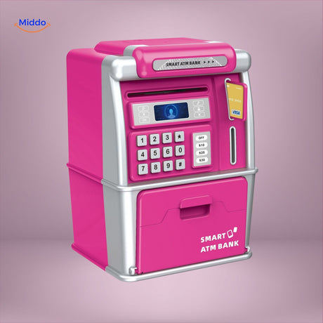 Red ATM-style savings safe with LED electronic lock and PIN code protection.