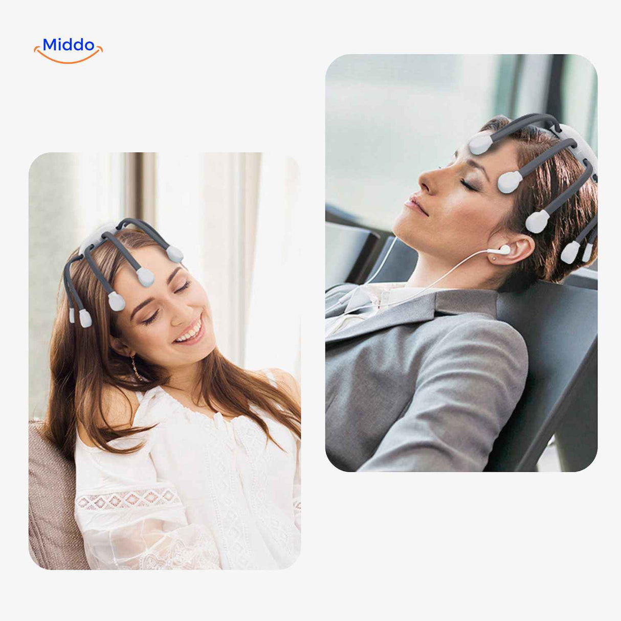 Electric scalp massager being used on head for stress relief and relaxation