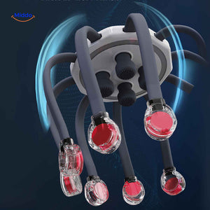 Electric head massager with transparent removable massage head attachments shown in detail