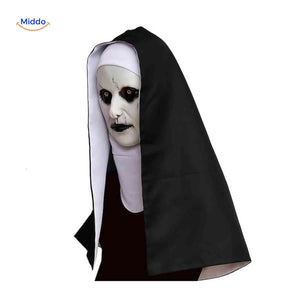 Scary latex nun mask with terrifying expression for Halloween.