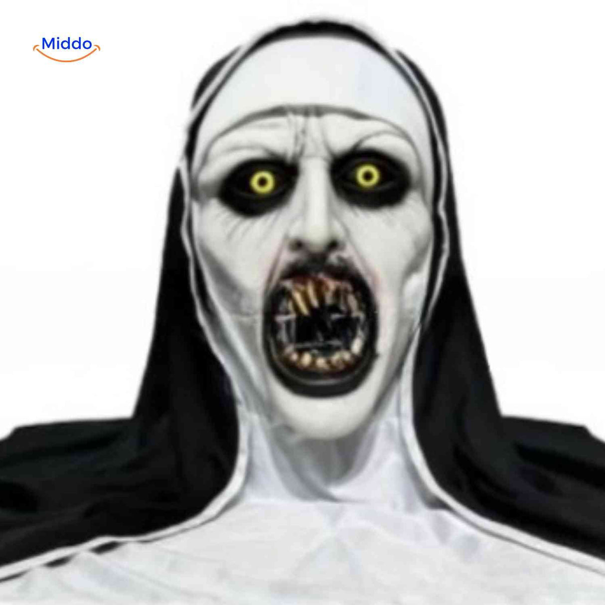 Scary nun mask with realistic horror details for Halloween costume.