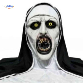 Scary nun mask with realistic horror details for Halloween costume.