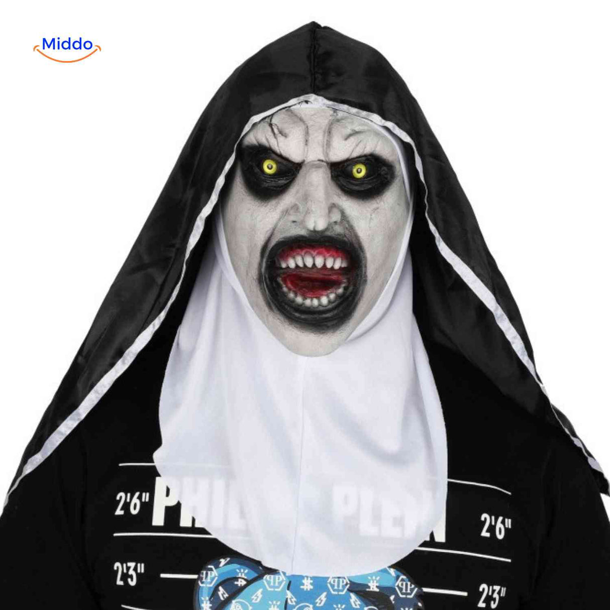Scary nun mask featuring sharp teeth and screaming expression.