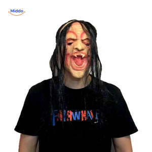 Screaming mask with wrinkled face and blood lines for intense expression.