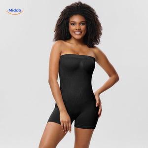 Black seamless body-shaping bodysuit with smooth edge finishing.