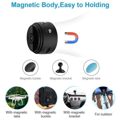 Features overview of the 1080p mini camera including motion detection and two-way audio.