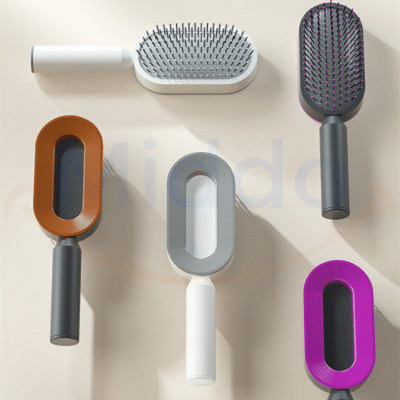 Complete self-cleaning hair brush set with multiple interchangeable attachments.