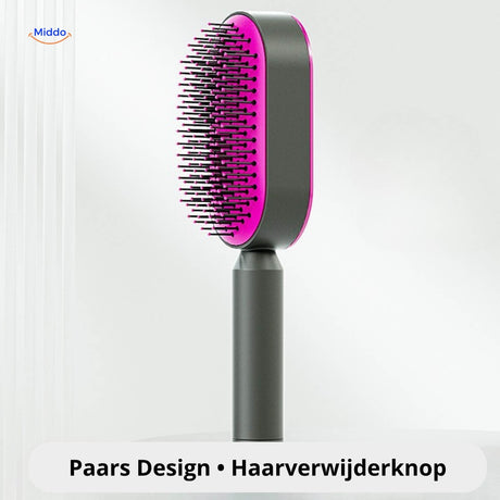 Purple self-cleaning hair brush with one-click hair removal button.