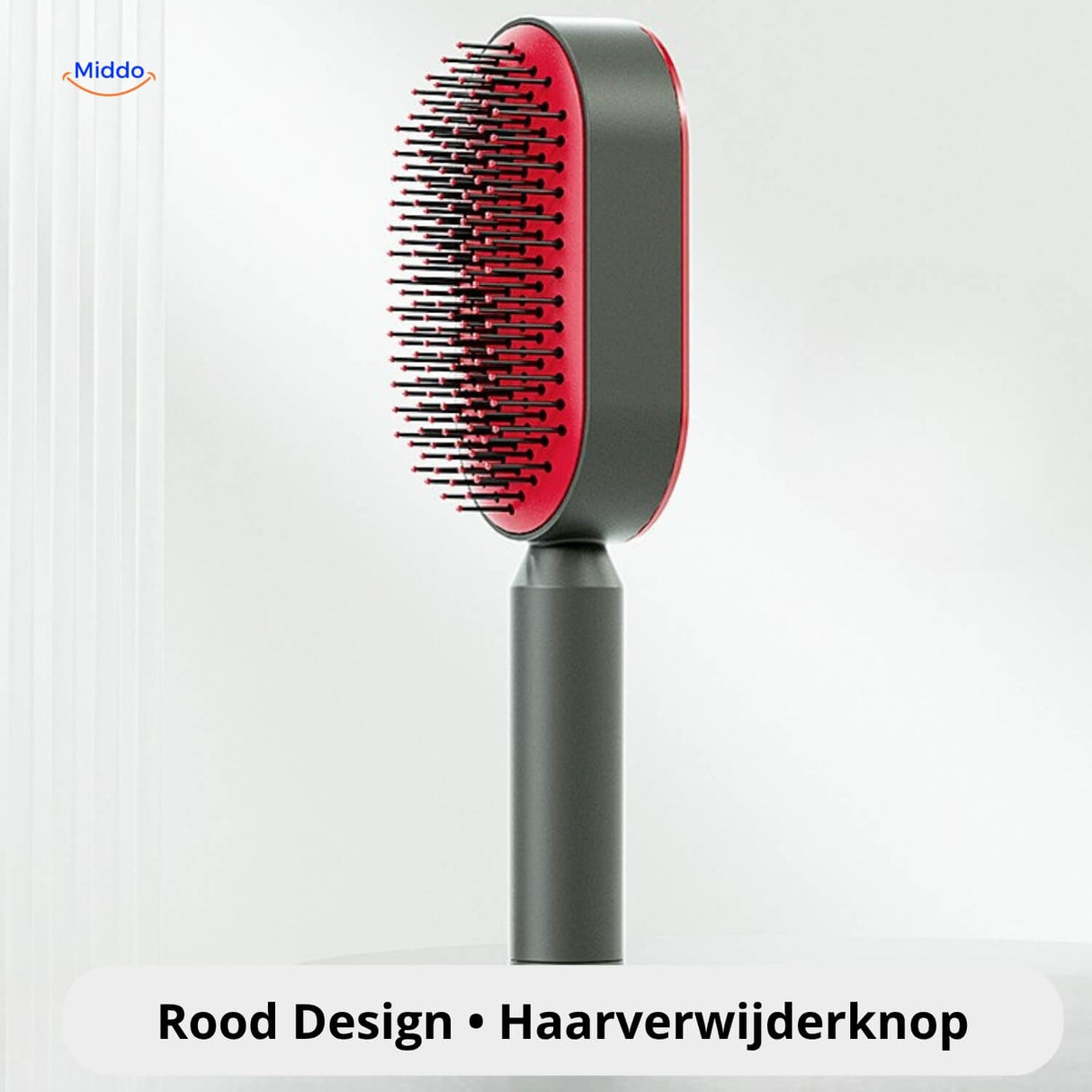 Red self-cleaning hair brush with one-click hair removal button.