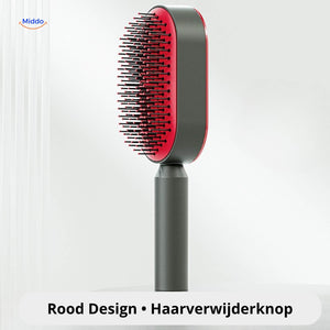 Red self-cleaning hair brush with one-click hair removal button.