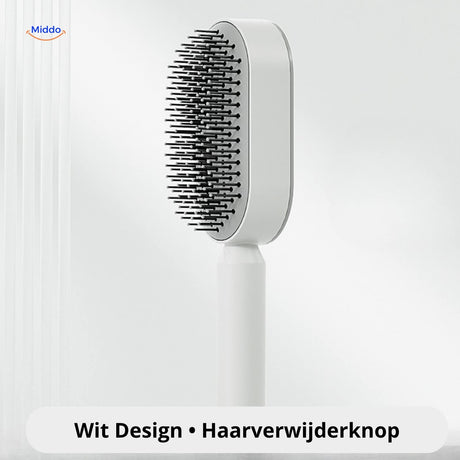 White self-cleaning hair brush with one-click hair removal button.