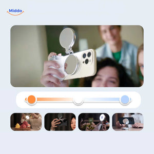 Selfie mode with portable LED ring light and built-in mirror.