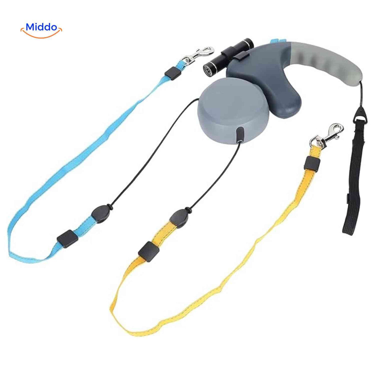 Separate control lines and ergonomic grip handle on dual dog leash.