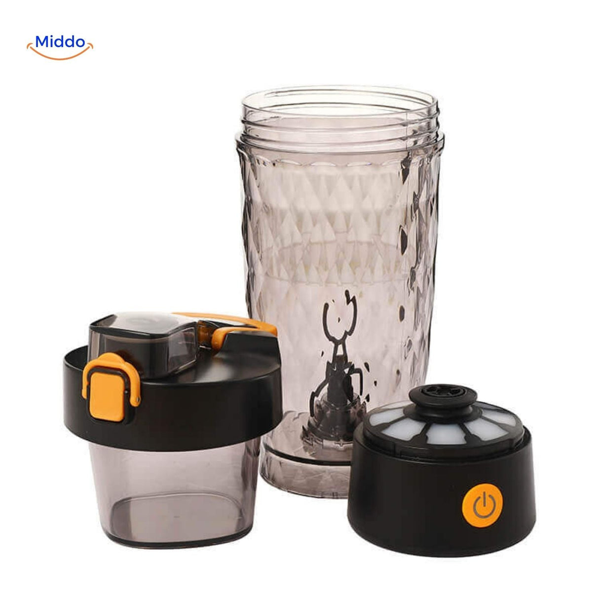 Disassembled MixPro shaker bottle showing storage lid and base components.