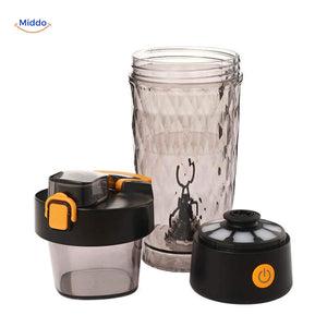 Disassembled MixPro shaker bottle showing storage lid and base components.