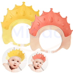 Pink and yellow ShampooCrown eye shields protecting babies during bath time.