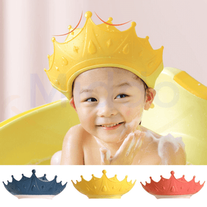 Child wearing yellow ShampooCrown shower shield while bathing safely.